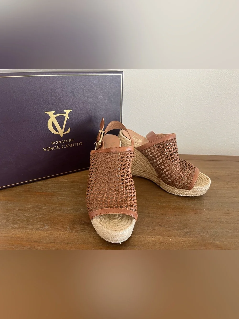Vince Camuto Signature Via-Davonna Woven Leather Espadrille Wedges